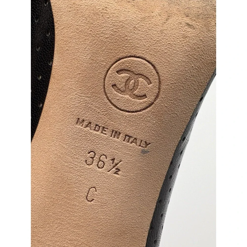 Chanel Black Perforated Leather Heels w/ CC Cap Toe & Bow Accent Size EU 36.5